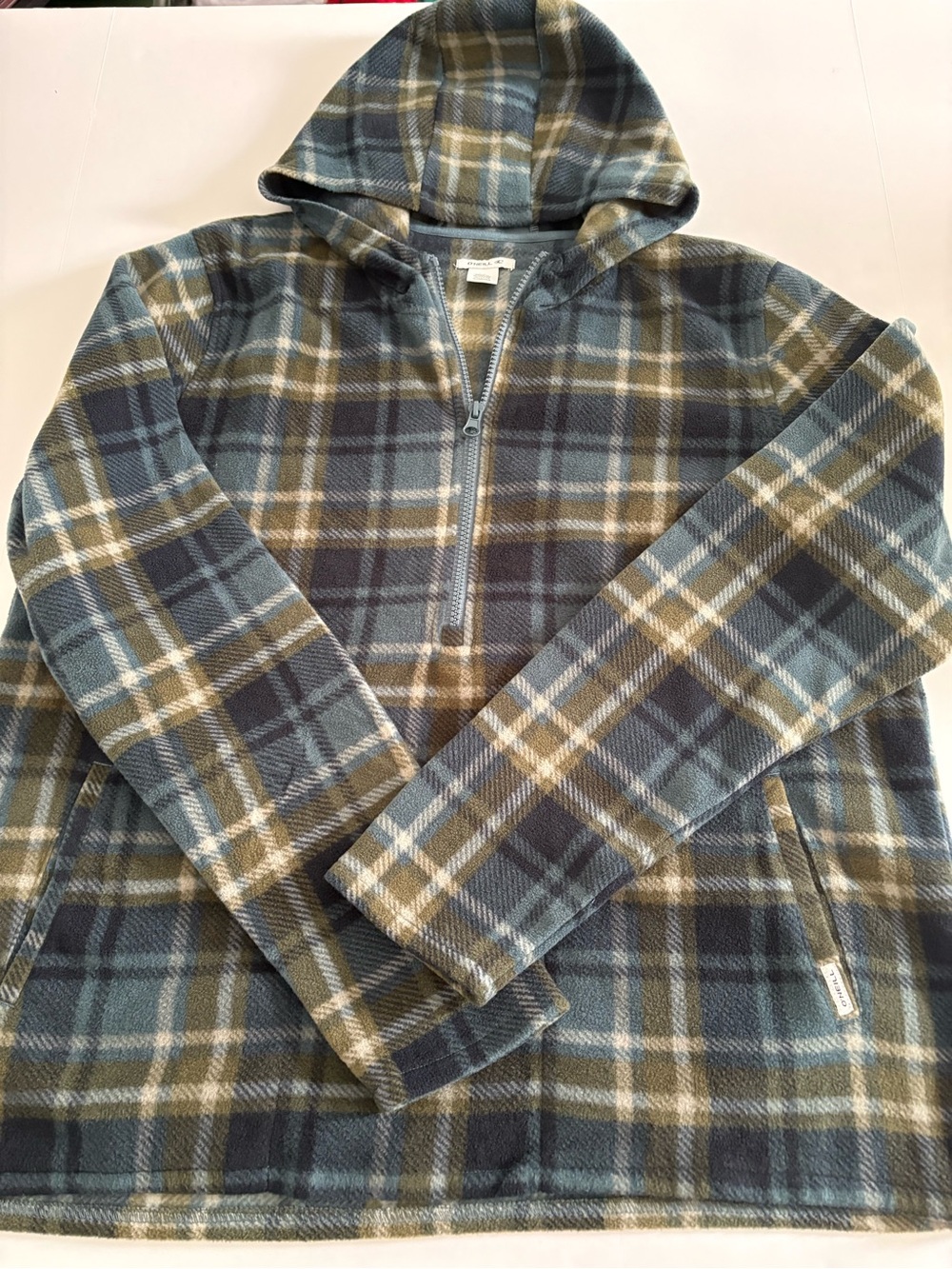 O’Neill women’s Fleece Hoodie Pullover Size L Plaid Blue Green 1/2 Zip Hooded